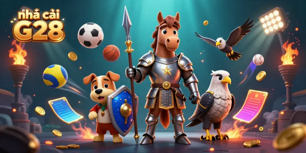 Engage with nhà cái G28 through an exciting 3D scene of a knight, squire, and falcon amidst dynamic sports elements.