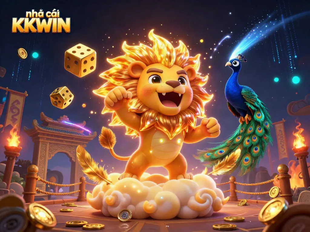 Experience the excitement of nhà cái KKWIN with a vibrant 3D casino illustration showcasing a roaring sun lion and dynamic gambling elements.