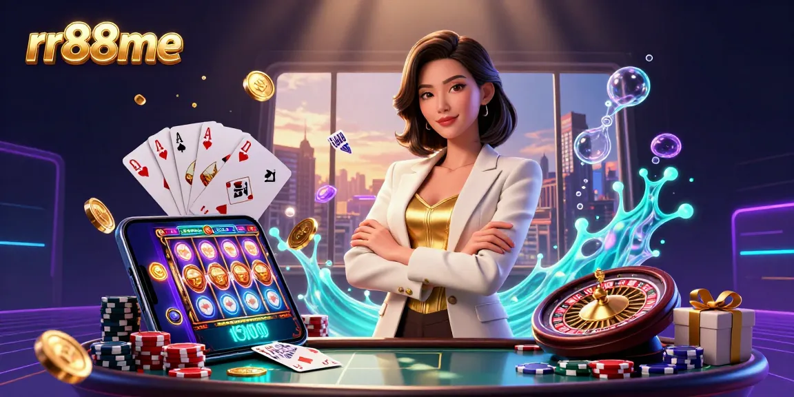 Play dynamic slot games with rr88me, featuring a glamorous businesswoman holding golden cards amid rich casino elements.