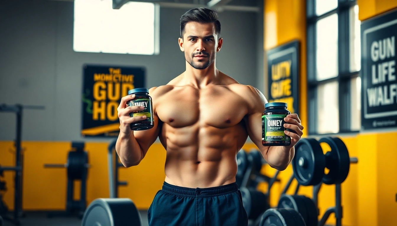 Fitness model showcasing Canadian anabolics in a vibrant gym setting, promoting health.