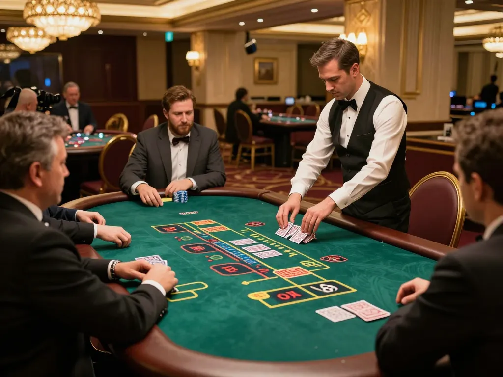 Players strategizing during intense baccarat game at Oxbet's upscale casino.
