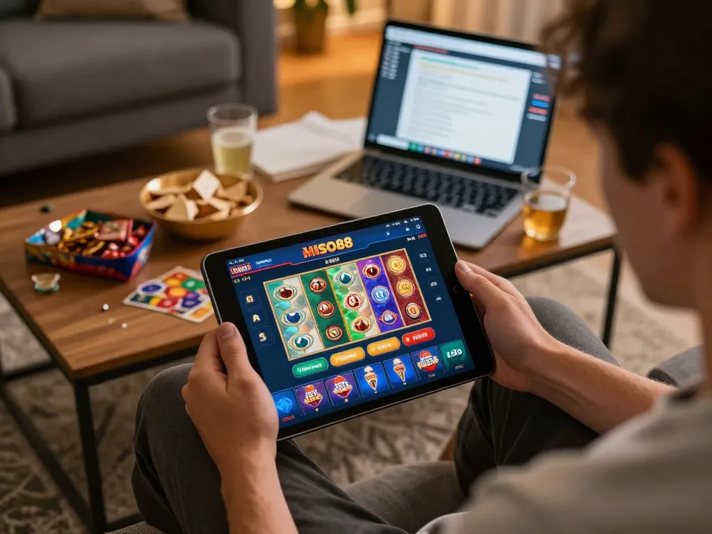 Engaging with MISO88 online slots on a tablet, illustrating a responsible and immersive gaming experience