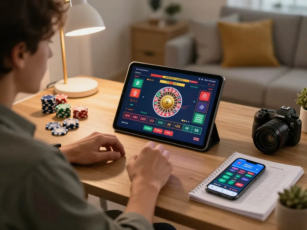 Player engaging with the online casino interface at Nhà cái Lu88 while managing bankroll in a cozy home setup.