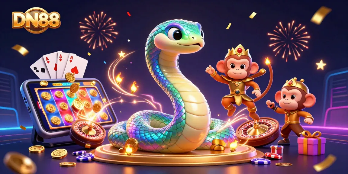 Engaging DN88 illustration showcasing a playful monkey king and a colorful serpent amid casino games and celebrations.