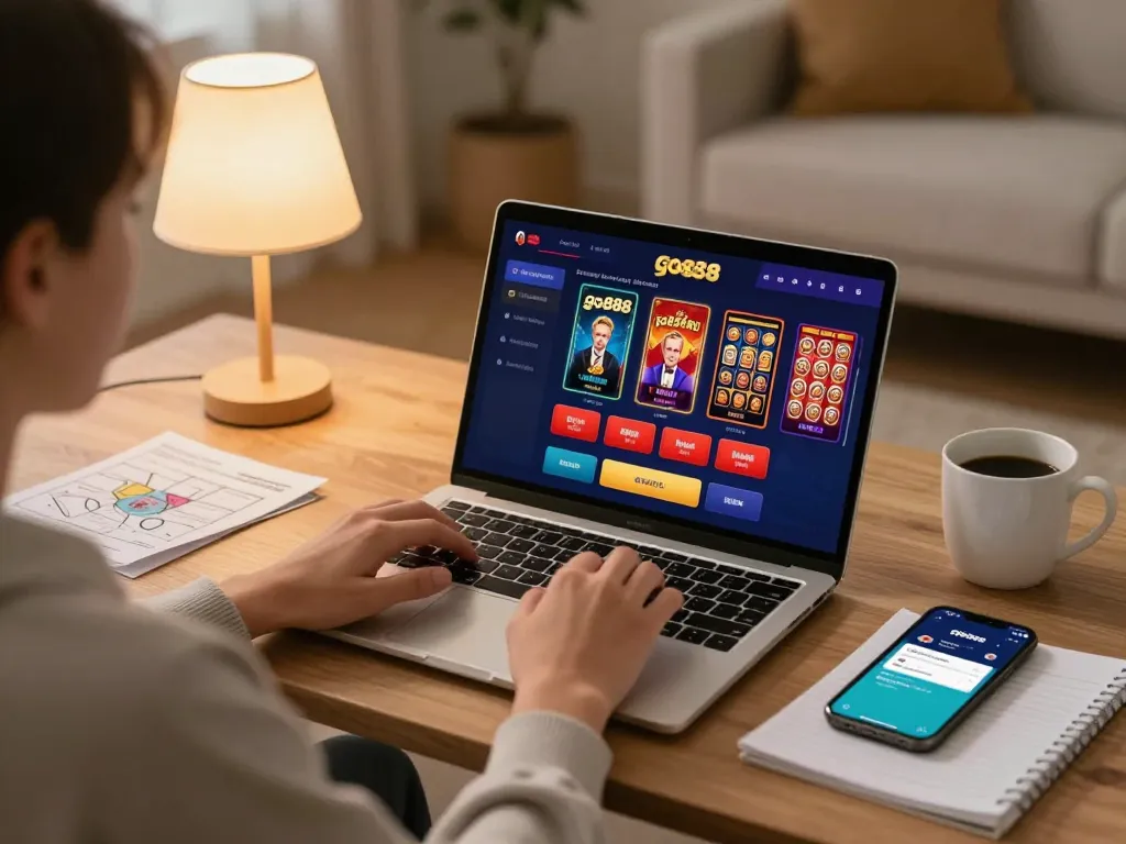 Engaged player enjoying go88 online casino game on laptop at home with cozy ambiance and strategy notes.