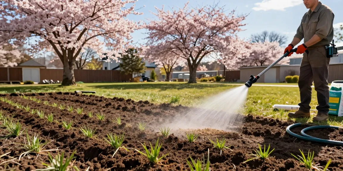 Hydroseeding ottawa process in spring, professional landscaper applying seed mixture in vibrant outdoor setting.