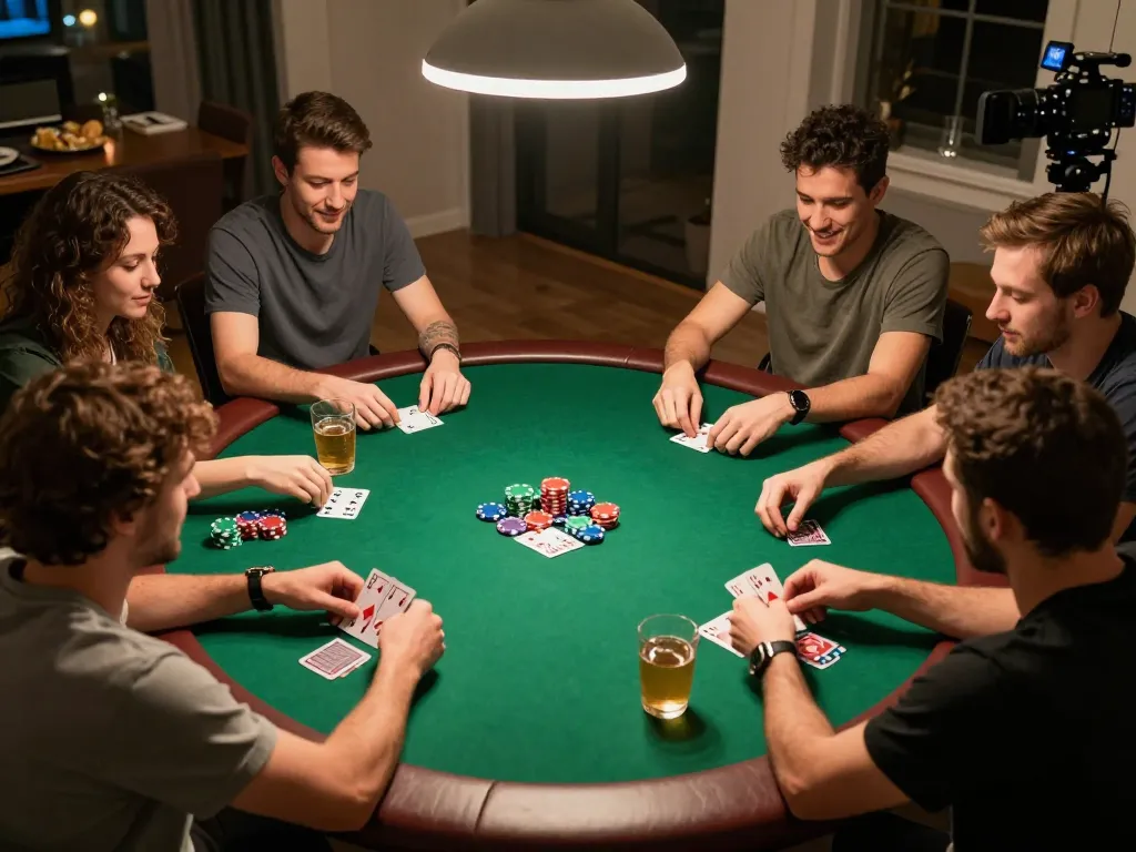 Players enjoying a lively poker night at home, capturing the essence of strategic gameplay with xx88.