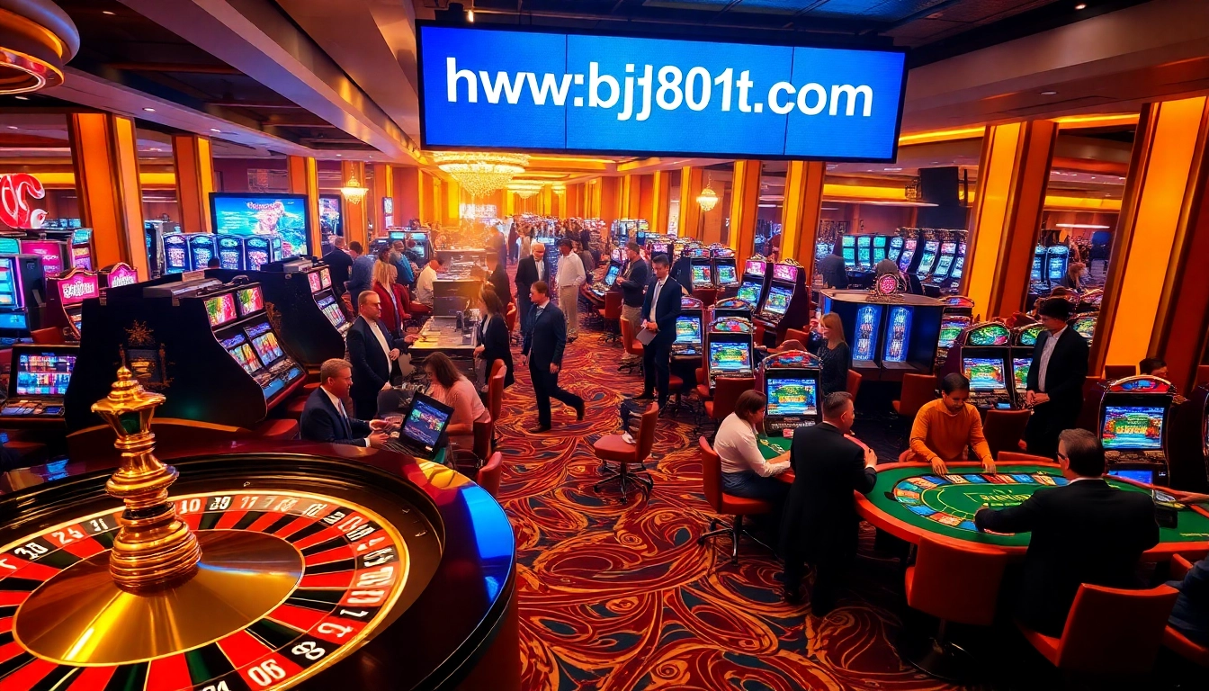 This vibrant casino scene showcases the excitement of gambling at https://bj881.it.com/ with roulette, poker, and slot machines.