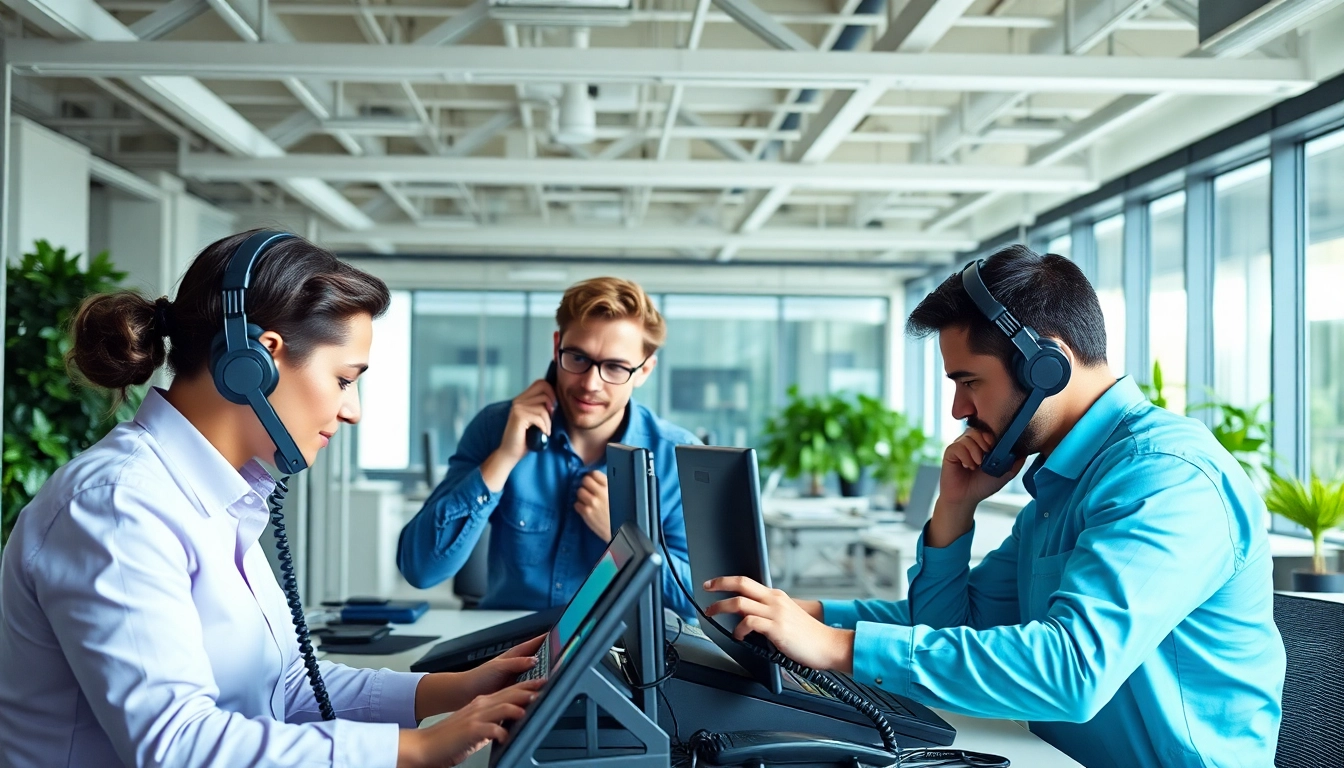 Technicians installing business phone providers systems in a modern office setup.