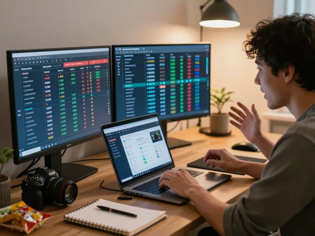 Engaged gambler using Link vào Tx88 for strategic sports betting analysis at home.