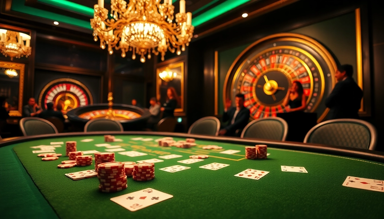 Thrilled gamblers engaging at a 9BET poker table, showcasing excitement in a luxurious casino atmosphere.