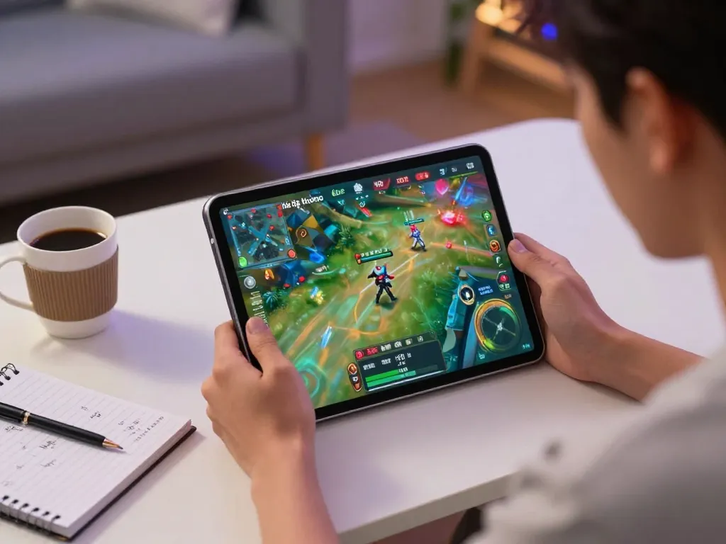 Engaging player enjoying đá gà thomo live stream on a tablet, surrounded by strategic notes in a cozy home setting.