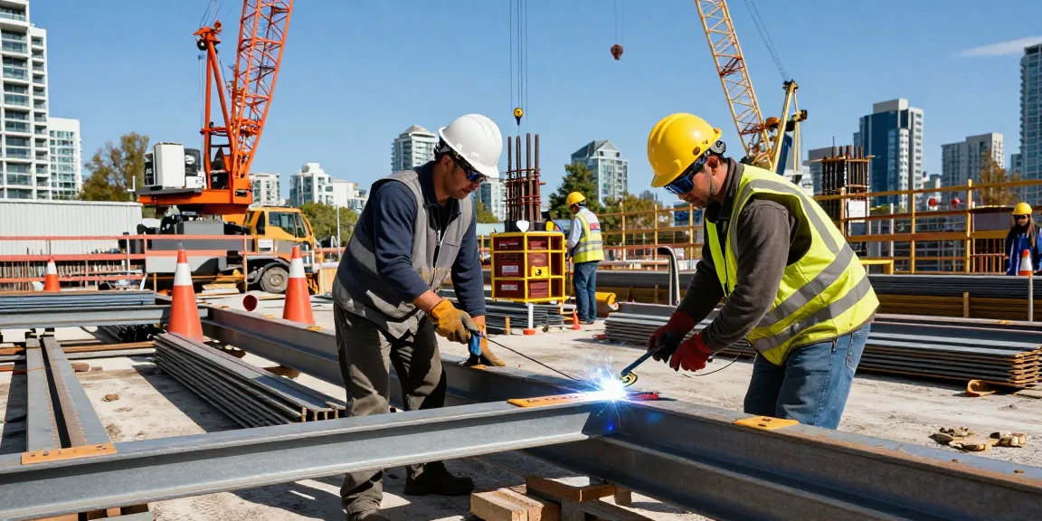 Steelworkers collaborating on a structure at a commercial steel company in Vancouver