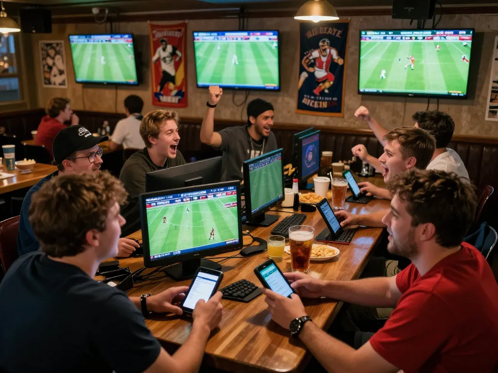Experience trực tiếp bóng đá with friends at a lively sports bar while placing bets on exciting matches