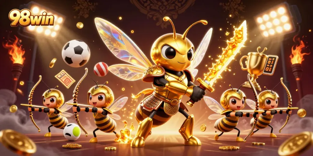 Join the excitement at 98win with a dynamic scene of golden hornets and sports elements!
