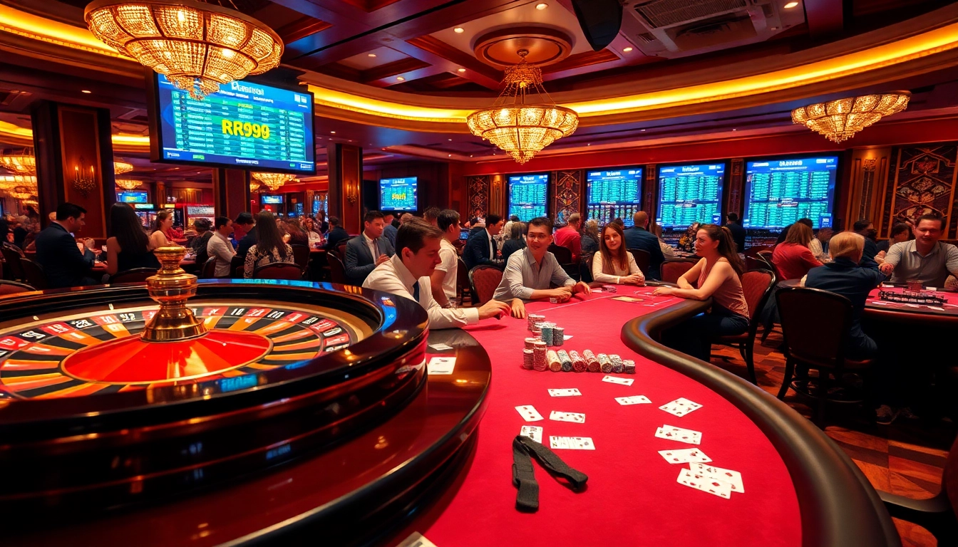 A diverse group of casino players enjoying the excitement of RR99 at an elegant poker table.