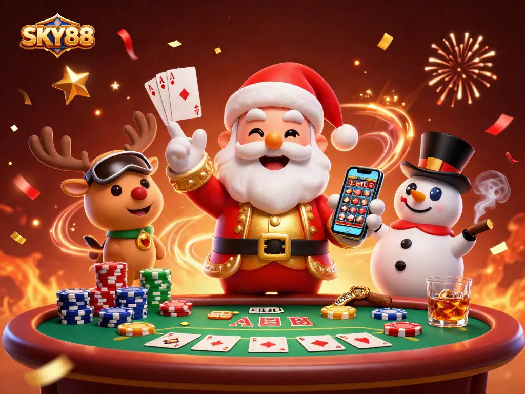Experience thrilling wins at SKY88's vibrant casino with Santa, a dealer reindeer, and a poker chip snowman!