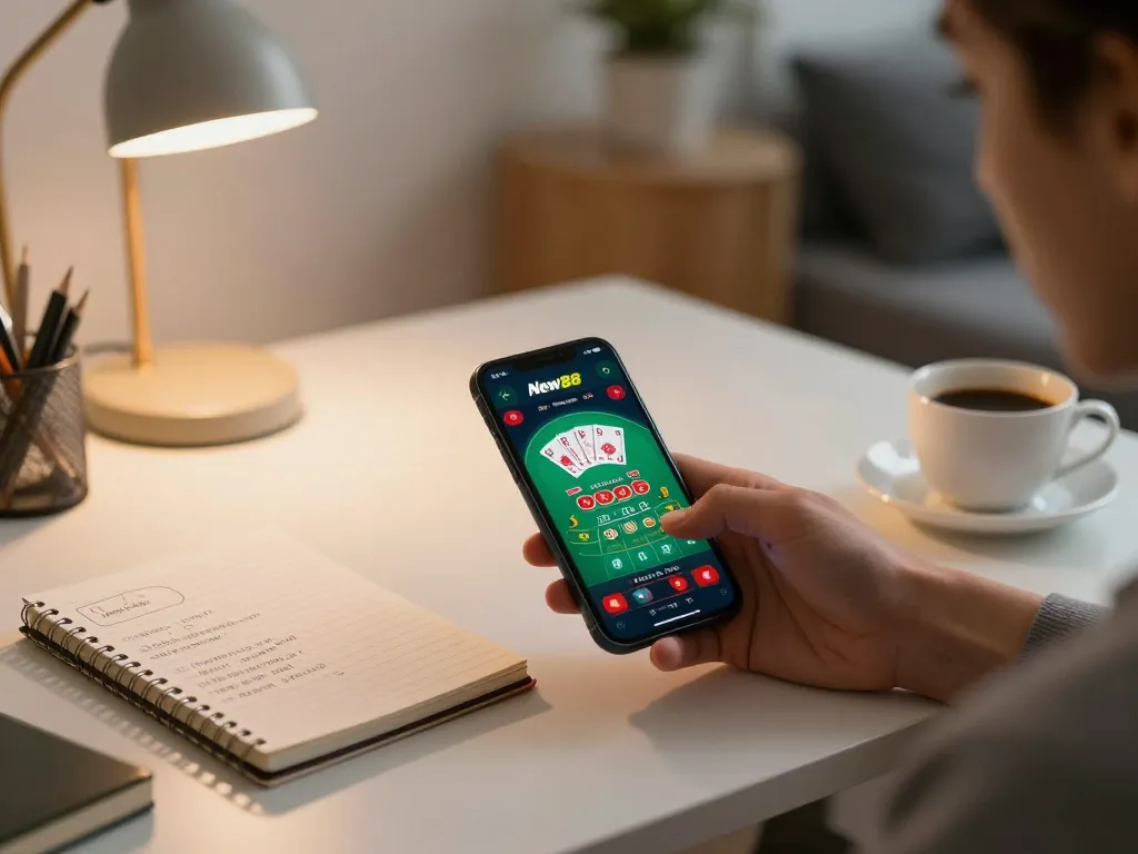 Mobile gaming with the New88blog app showing a live dealer game in a cozy home environment.