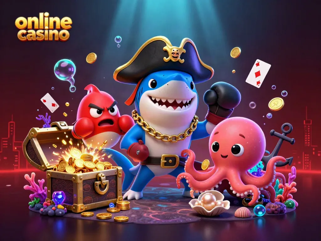 Engage with the thrilling online casino adventure featuring a pirate shark, pufferfish, and octopus surrounded by treasure and games.