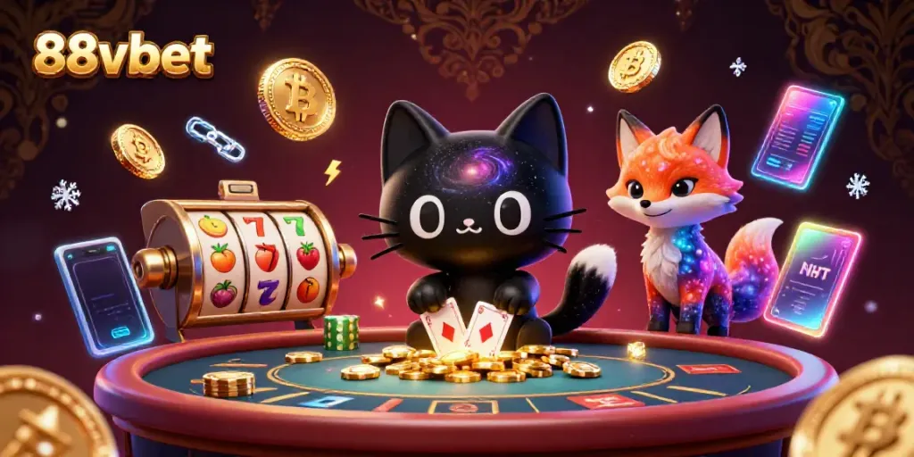 Play and win with 88vbet in a vibrant cosmic casino scene featuring a black hole cat and nebula fox.