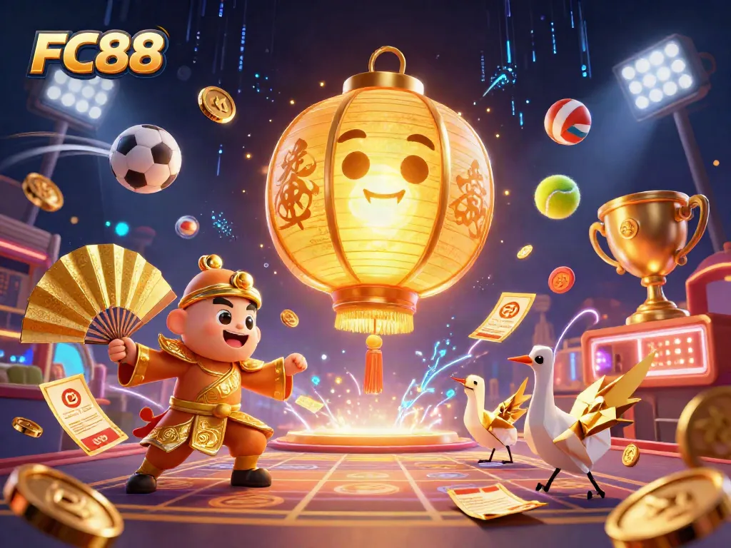 Experience the excitement of FC88 as the golden lantern spirit illuminates a vibrant casino environment.