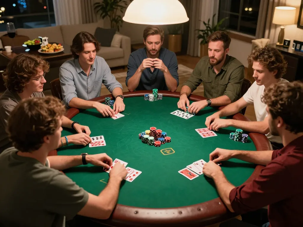 Players enjoying a friendly poker game at home, with chips and cards visible, showcasing the engaging atmosphere of lu88xz.