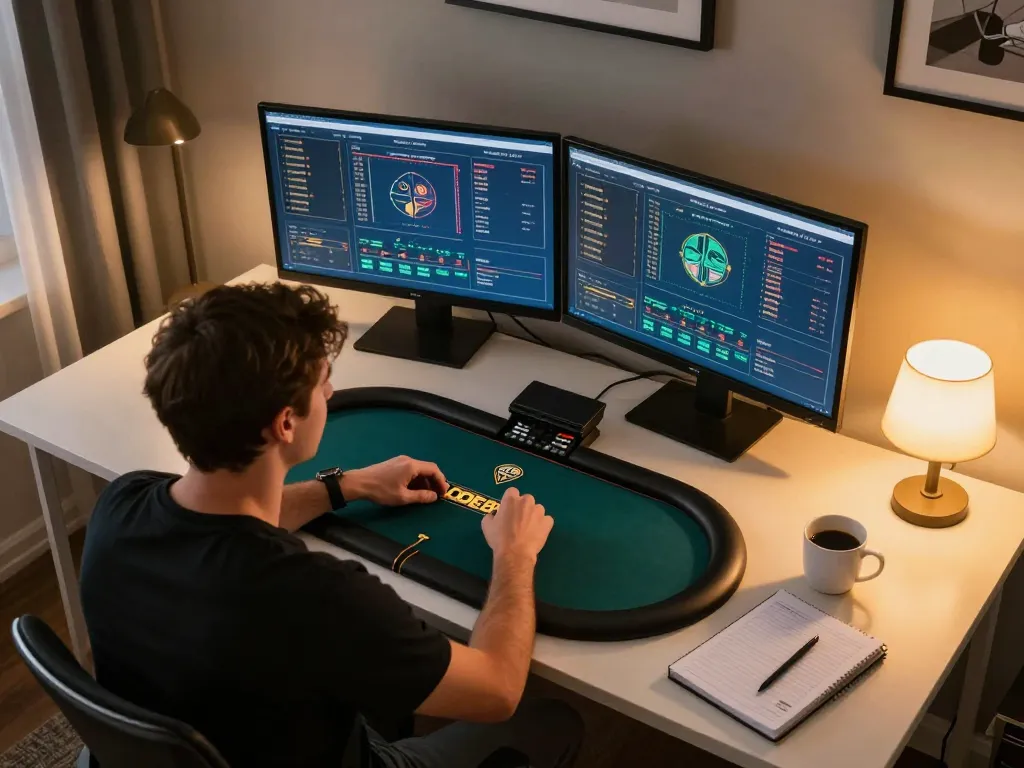 Player engaging in strategic online poker gameplay with LODE88 on dual monitors