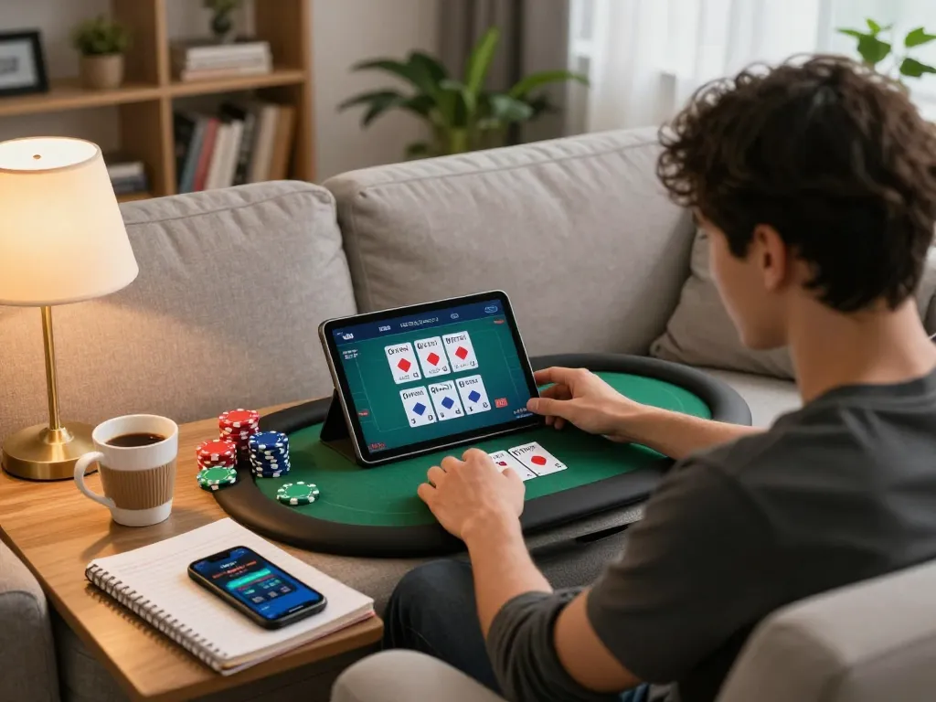 Người chơi tham gia trò chơi poker trên máy tính bảng với giao diện LUCK8 trong bối cảnh nhà cửa ấm cúng, thể hiện lối chơi chiến lược.