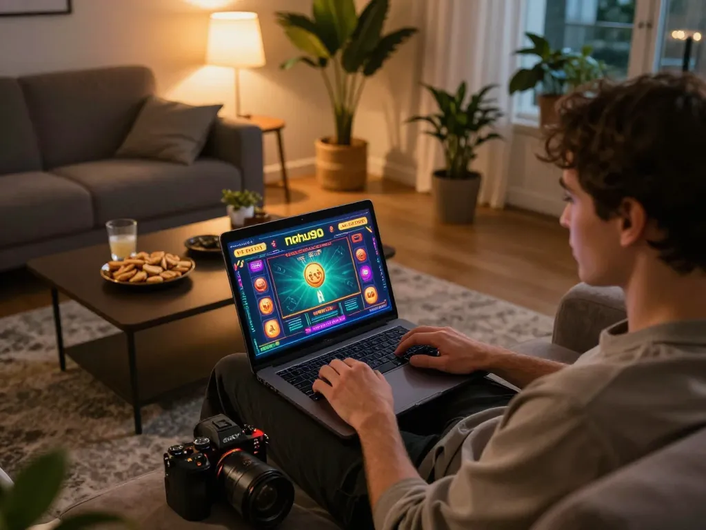 Nohu90 online gaming experience with player engaged in strategic gameplay on laptop at home.