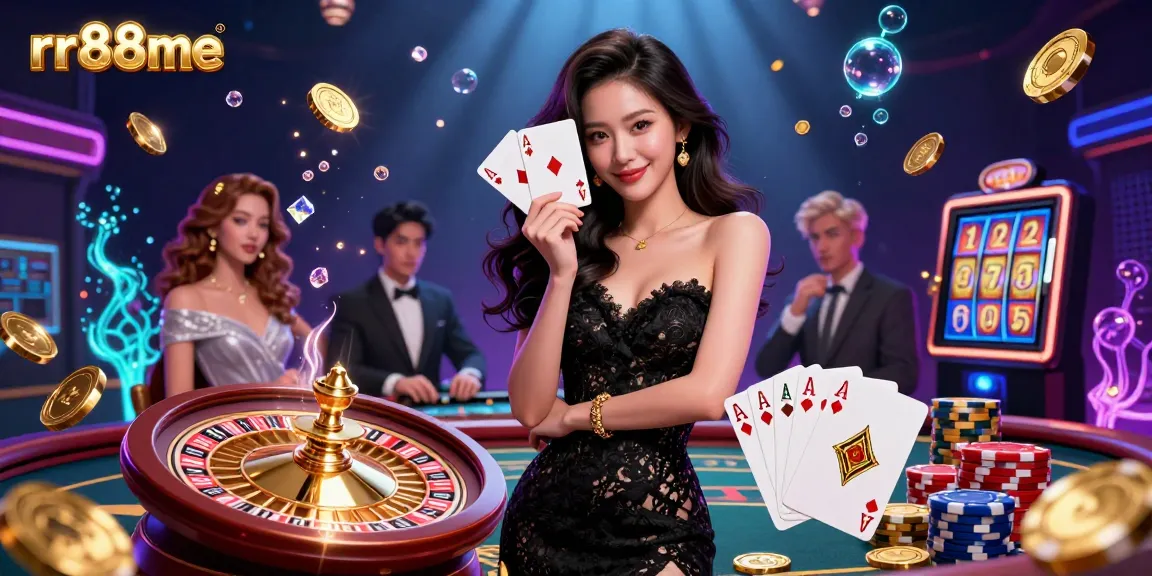 Experience the excitement of rr88me in a vibrant casino scene with ace cards, roulette wheel, and dynamic elements.