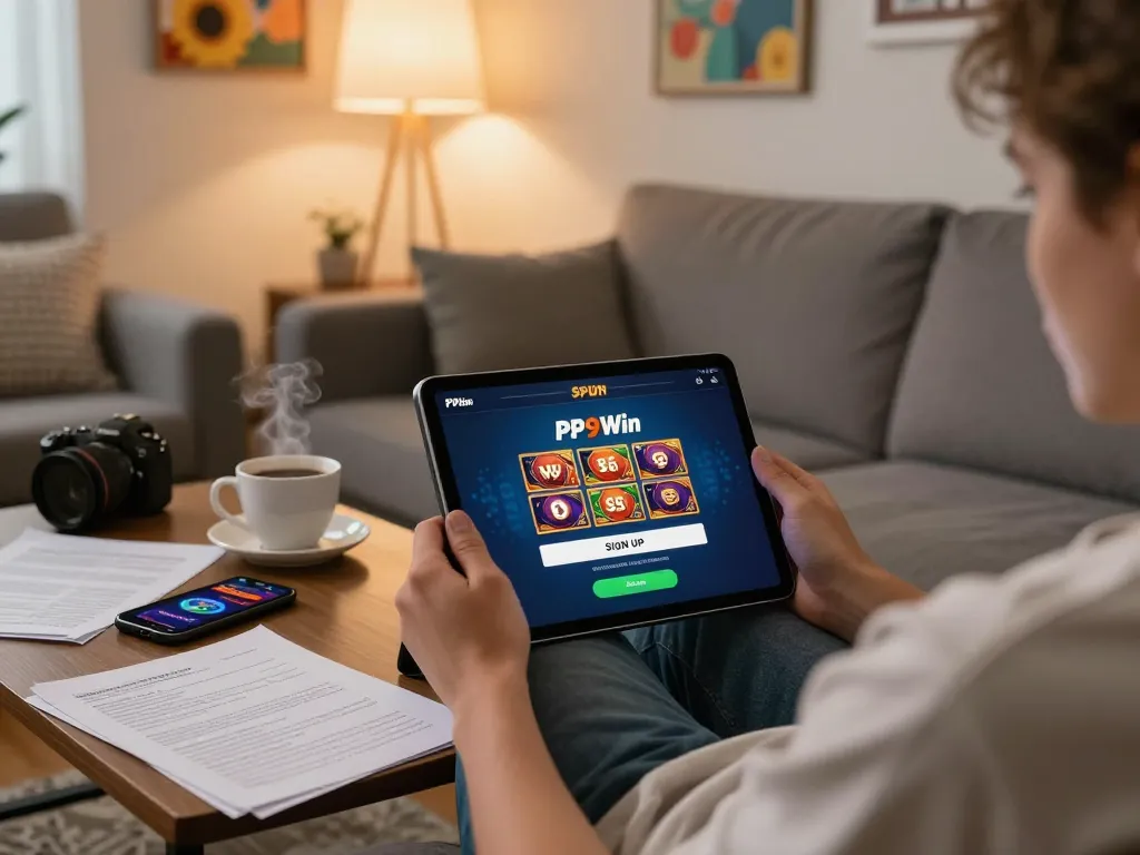 Engaging with the online casino PP9Win Sign up from a cozy home setting, showcasing strategy notes and a casual atmosphere.