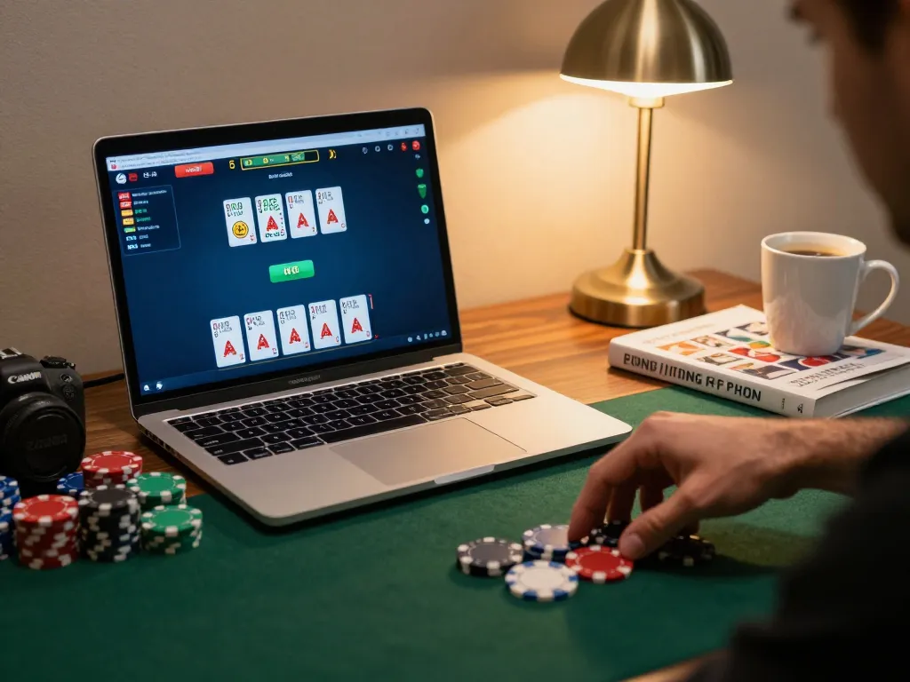 Player engages in a strategic bet at Trang Chủ XX88 poker game online, showcasing a laptop setup.