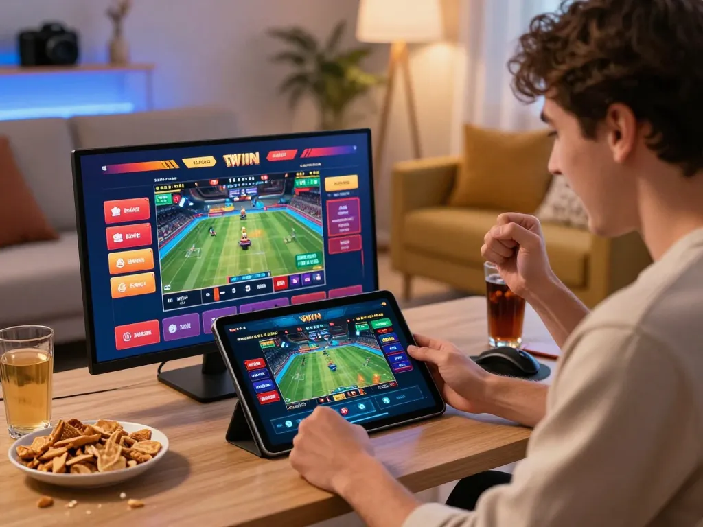 FABET player celebrating a win on a modern online betting platform with vibrant interface and exciting atmosphere.