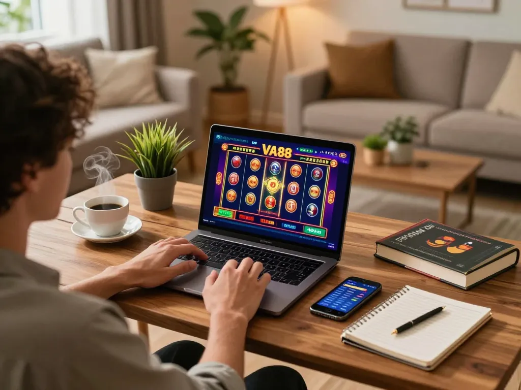 Engaging in VA88 online casino gaming from a cozy home workspace with a laptop and betting app.