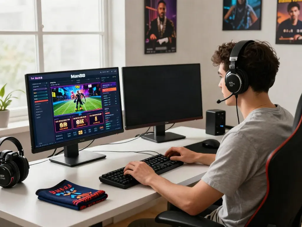 Engaged user betting on Man88 platform in a modern home office