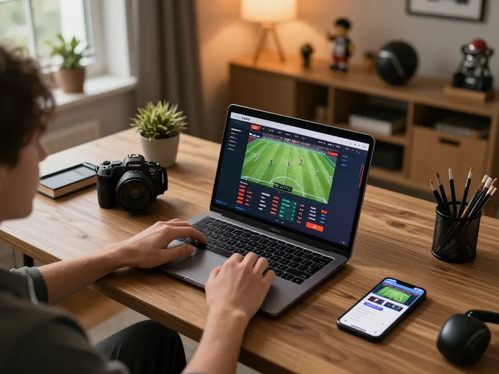 Person engaged in sports betting on 11BET laptop in cozy home office setting.