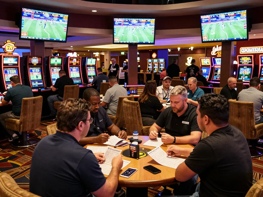 Say88 bettors enjoying live sports action in a dynamic casino lounge, surrounded by screens.