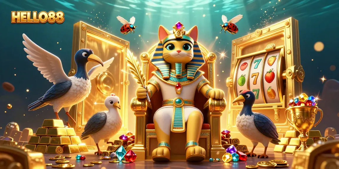 HELLO88 features a pharaoh cat and ibis scribe in a vibrant casino setting with slot reels and gems.