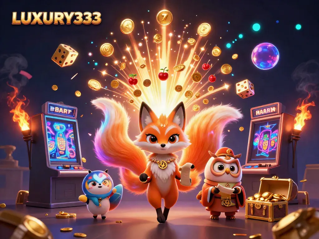Experience LUXURY333 with vibrant slot machine action and magical characters in this captivating illustration.