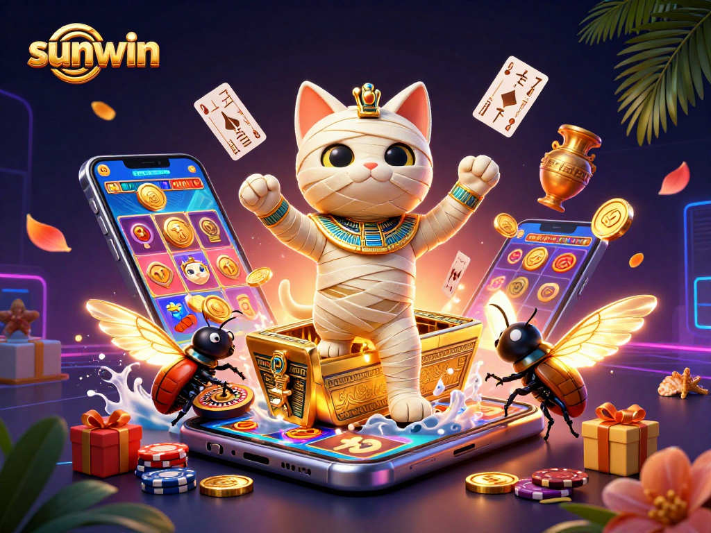 Engage in thrilling gaming with sunwin as the mummy cat and scarab illuminate the pyramid casino.