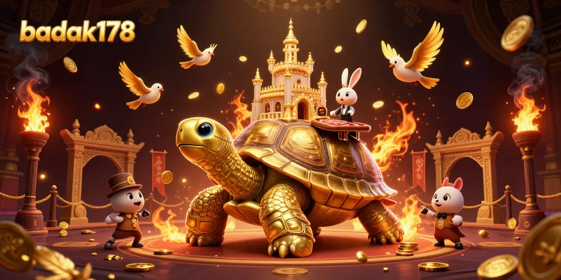 Experience the thrilling world of badak178 with a vibrant casino scene featuring a golden tortoise and dynamic elements.