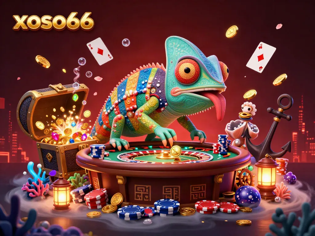 Engage in exciting gameplay with xoso66, featuring a colorful chameleon casino owner amidst treasures and vibrant casino elements.
