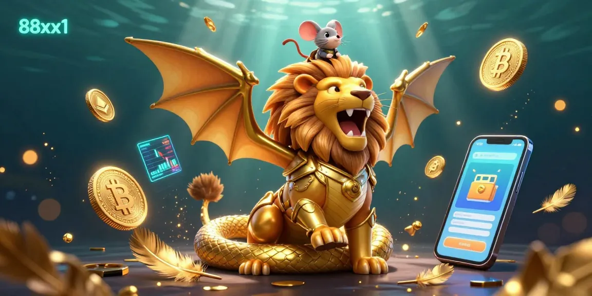 Engage in high-stakes gaming at 88xx1 with captivating 3D casino creatures glowing amidst crypto elements.