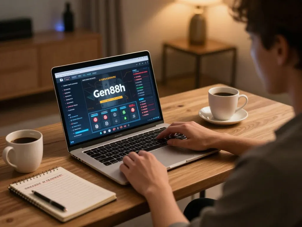 Player engaging with gen88h online casino platform on laptop, showcasing strategic gameplay in a cozy setting.