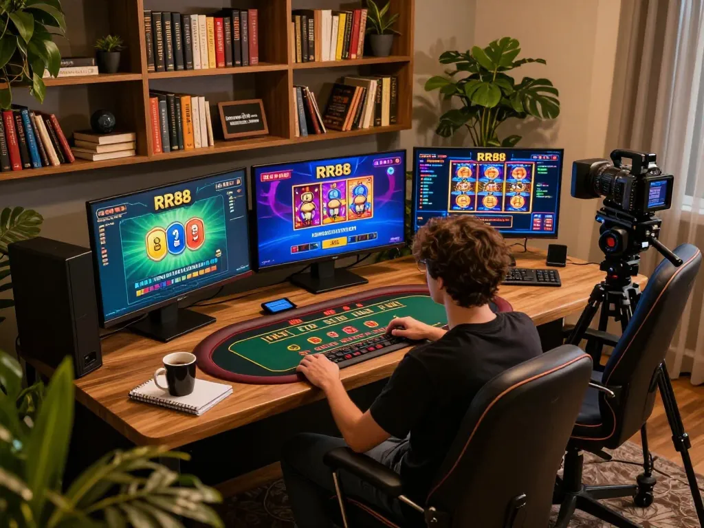 Engaging online gameplay at https://rr88.com.se/ with vibrant casino interface and cozy home setting.