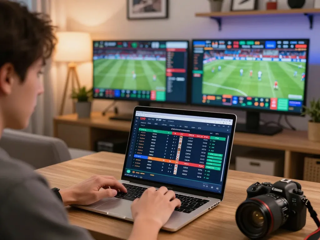 Engaging user betting on UU88 sports platform from home, modern ambiance highlights strategic gameplay.