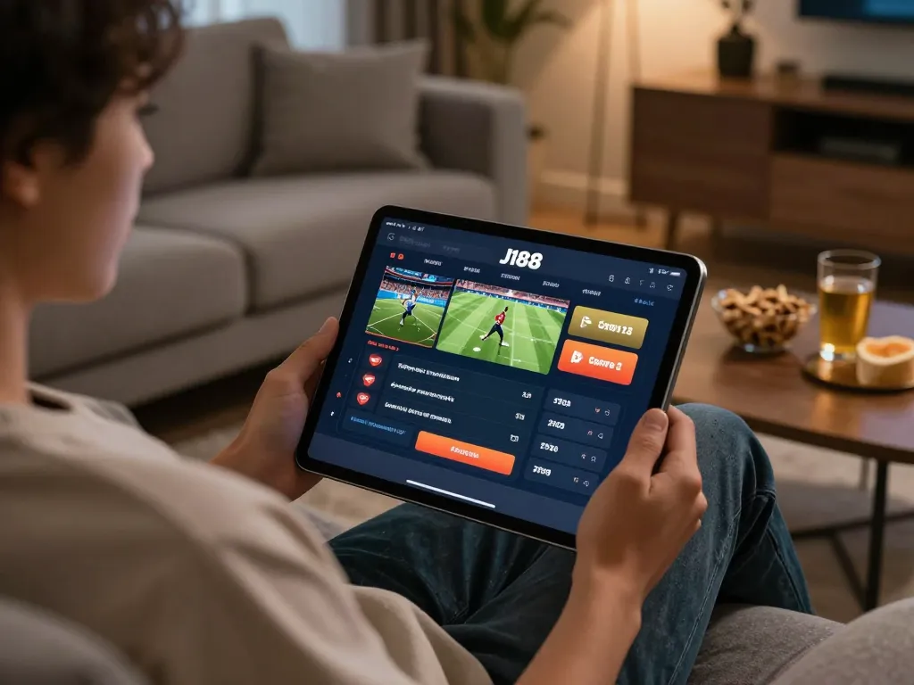 Engaging in j188 online sportsbook betting from a cozy living room couch.