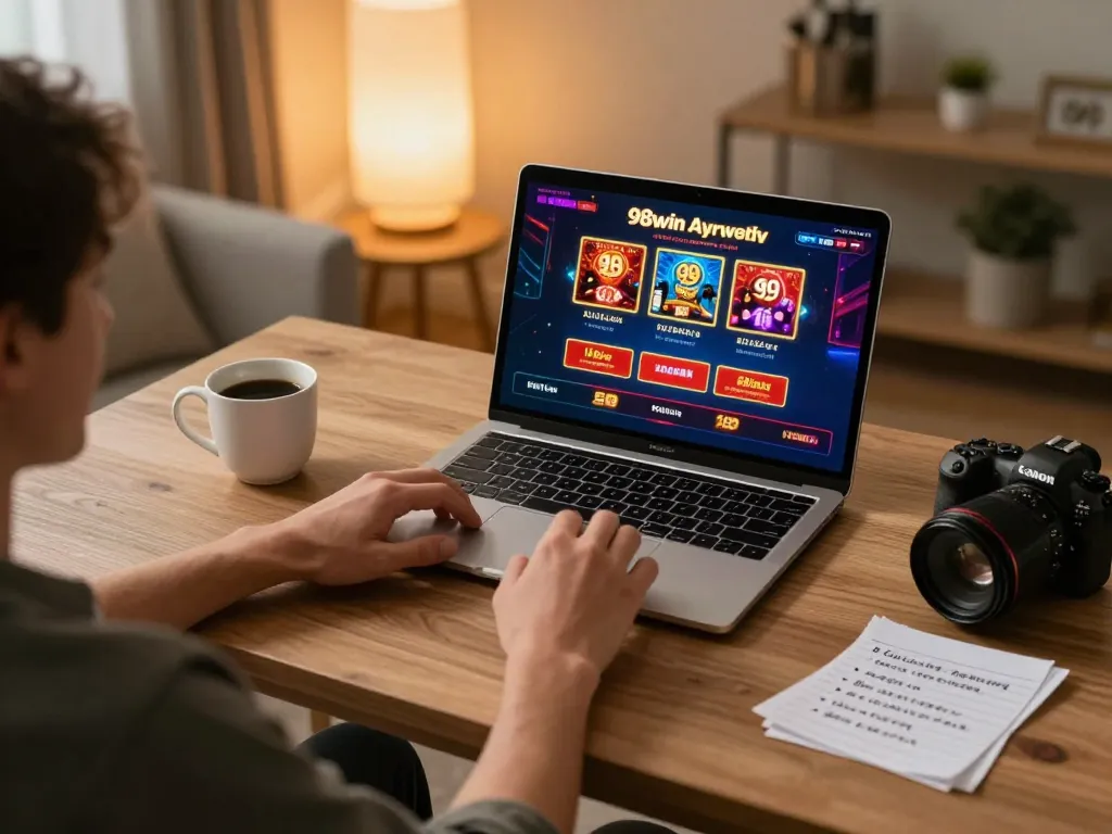 Engaging in 98win online casino gaming at home, with a contemporary setup and lively screen display.