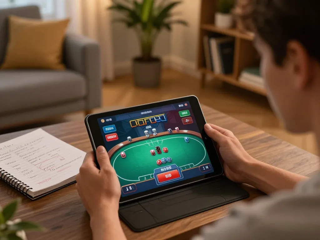 Engaging in online gaming with safe download options visible on tablet screen.
