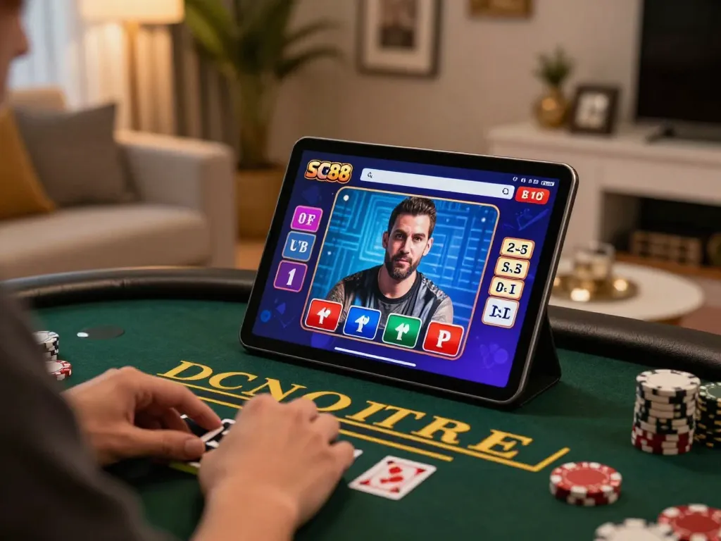 Engaging with the SC88 gaming app for a baccarat game in a cozy home setting